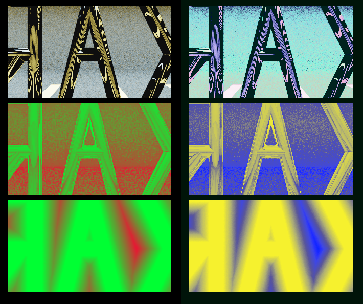 A regular rendering, and two showing that going into corners takes many steps, as does passing through the gaps between letters on the first ray.